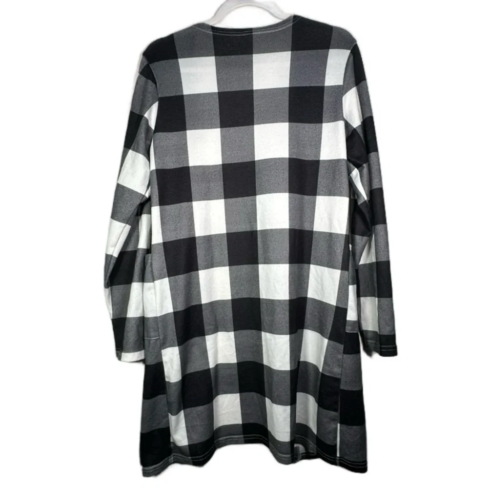Womens Black White Buffalo Plaid Long Duster Open Cardigan Sweater Coat Jacket S
